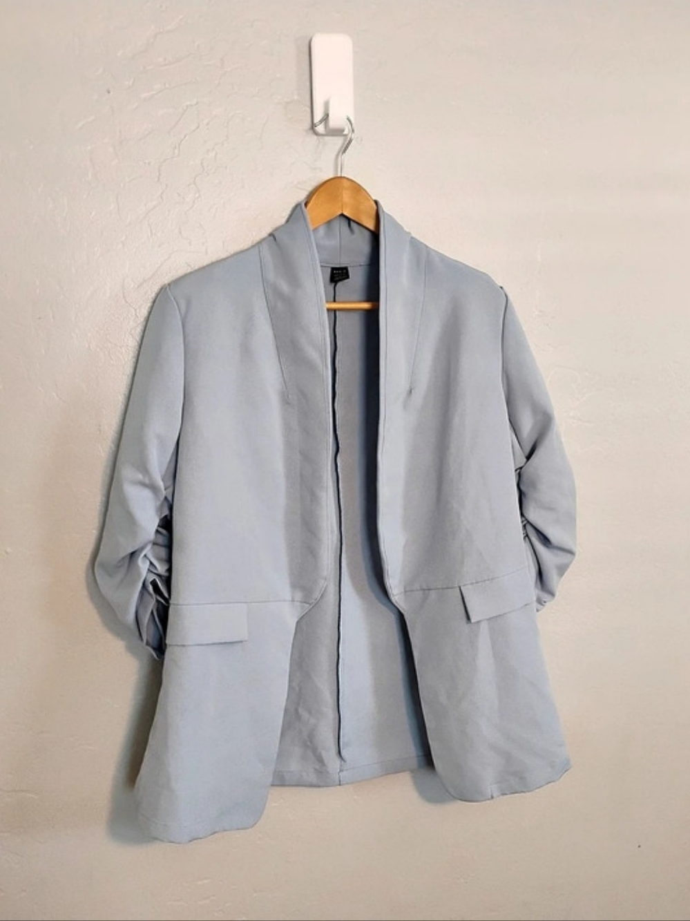 SHEIN Shawl Collar Ruched Sleeve Open Front Blazer Blue Large